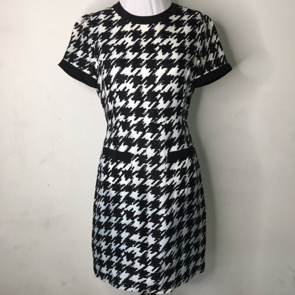Kate Spade Women's Houndstooth Sheath Mini Dress Short Sleeve Size 0 Bla… - Picture 2 of 16